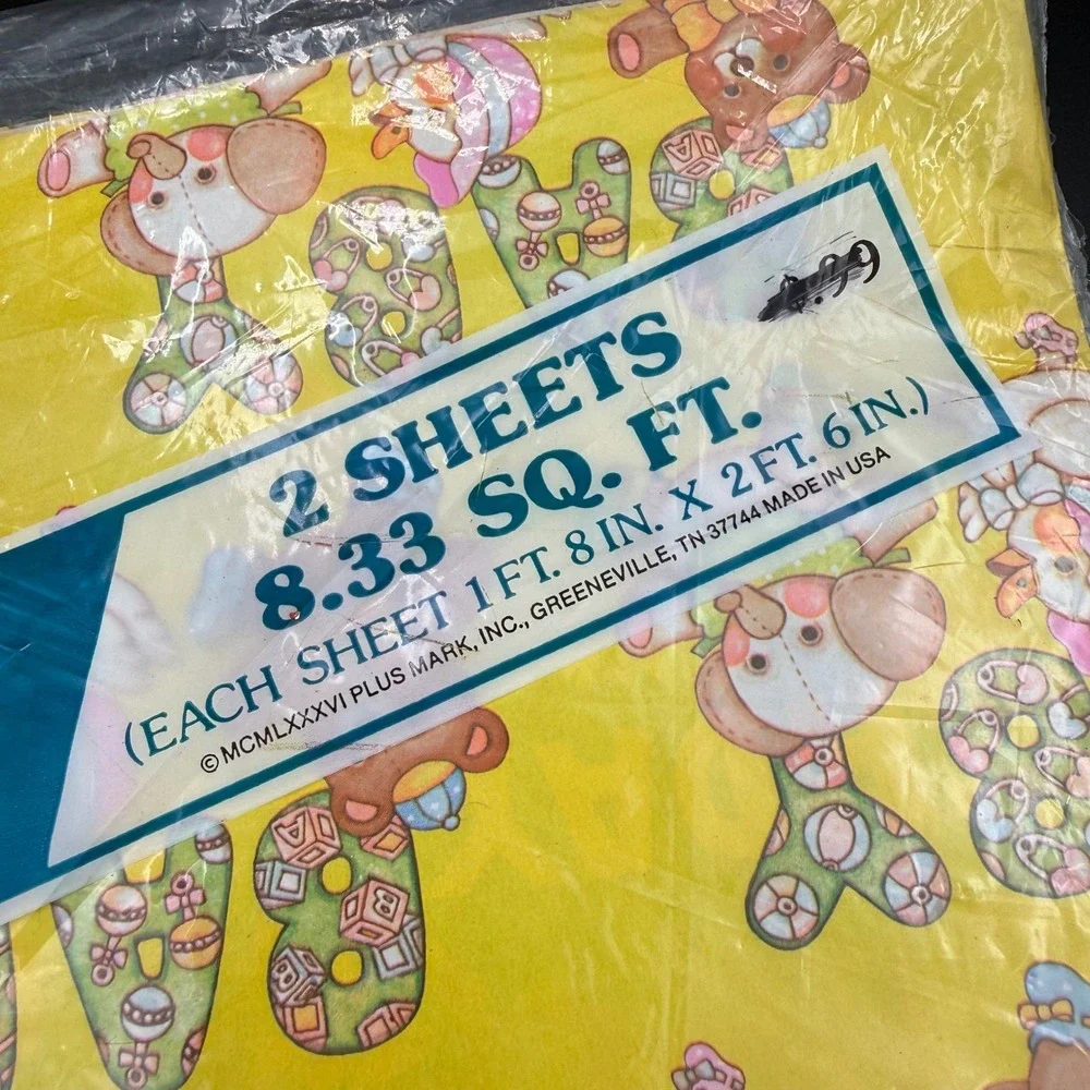 Vintage 1986 Celebrations Baby Shower Gift Wrap 2 Sheets Yellow Bear 29020-C